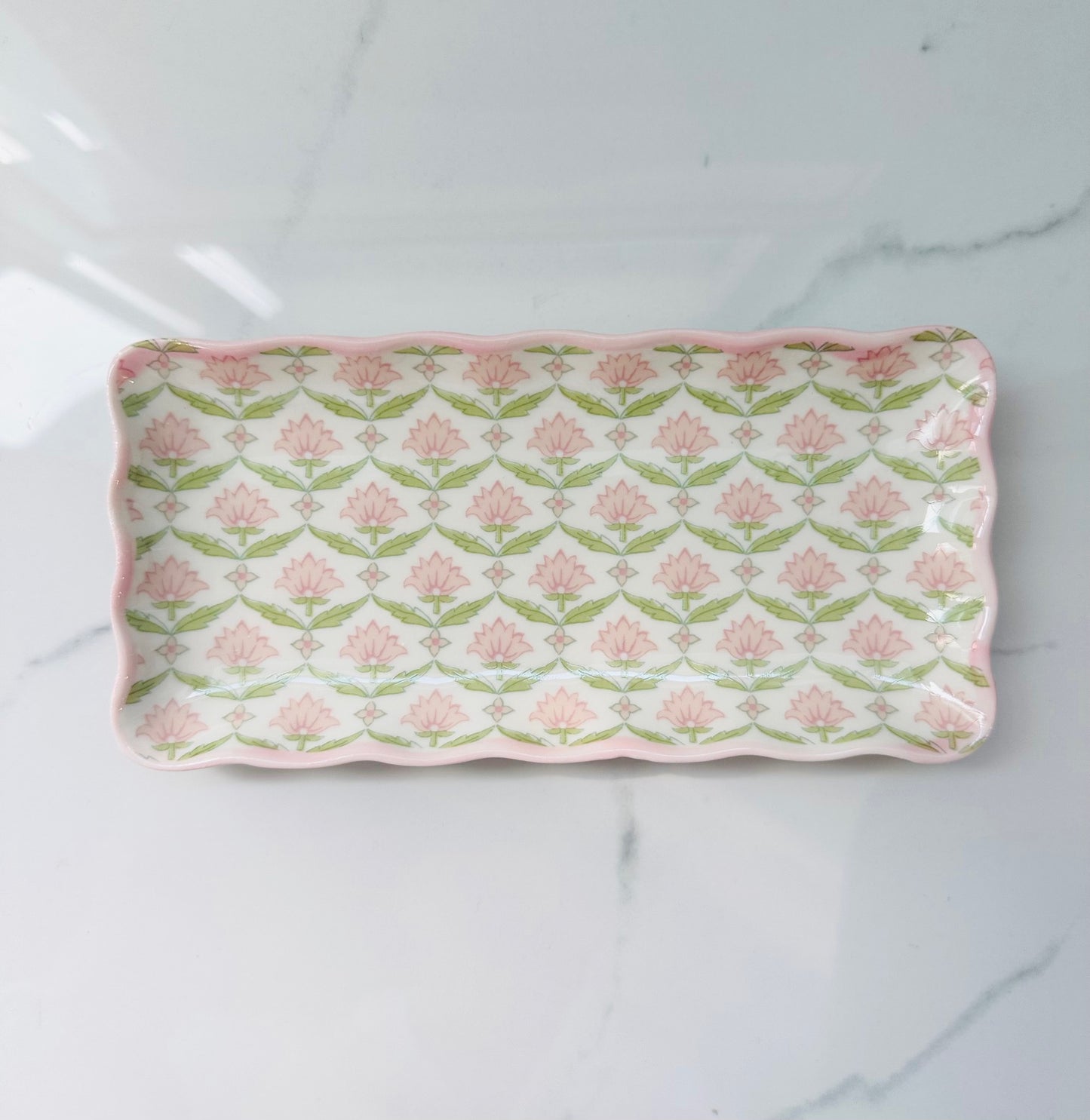 Pink Flower, Green Leaves Trinket Dish