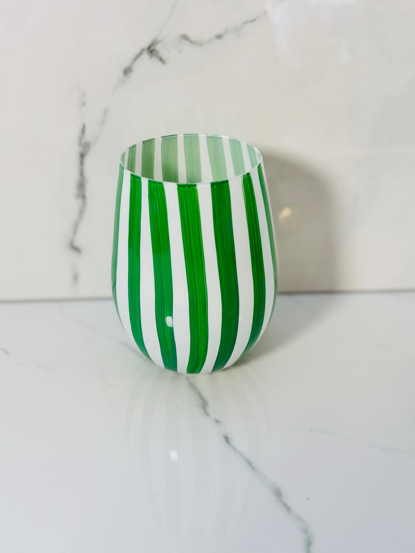 Green Stripe Stemless Wine Glass