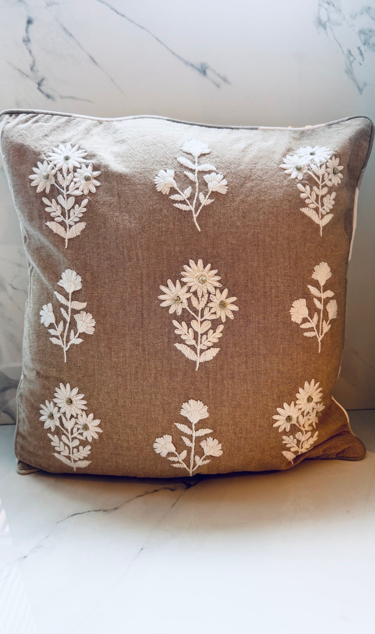 Tan and White Floral Embroidery Pillow