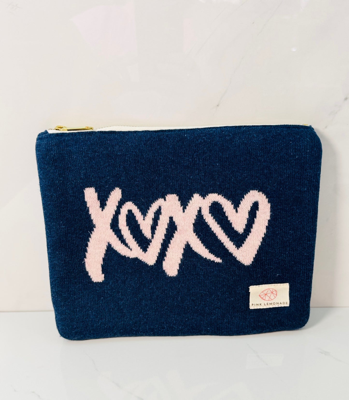 Large Navy and Pink XOXO Zip Pouch