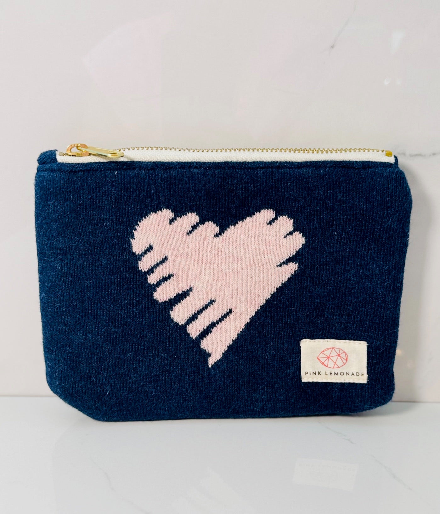 Small Navy and Pink Heart Zip Pouch