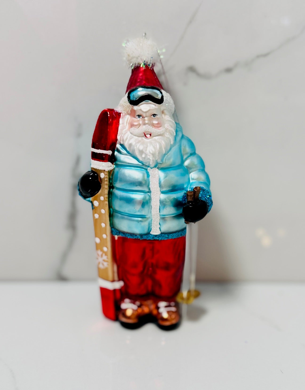 Blue Santa Ski Ornament