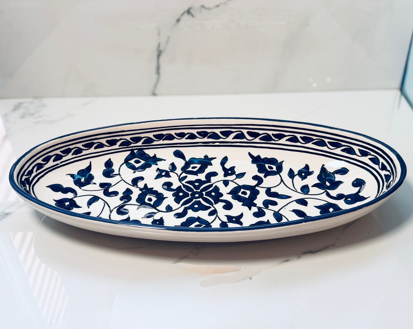 Blue and White Floral Ceramic Oval Plate - Medium