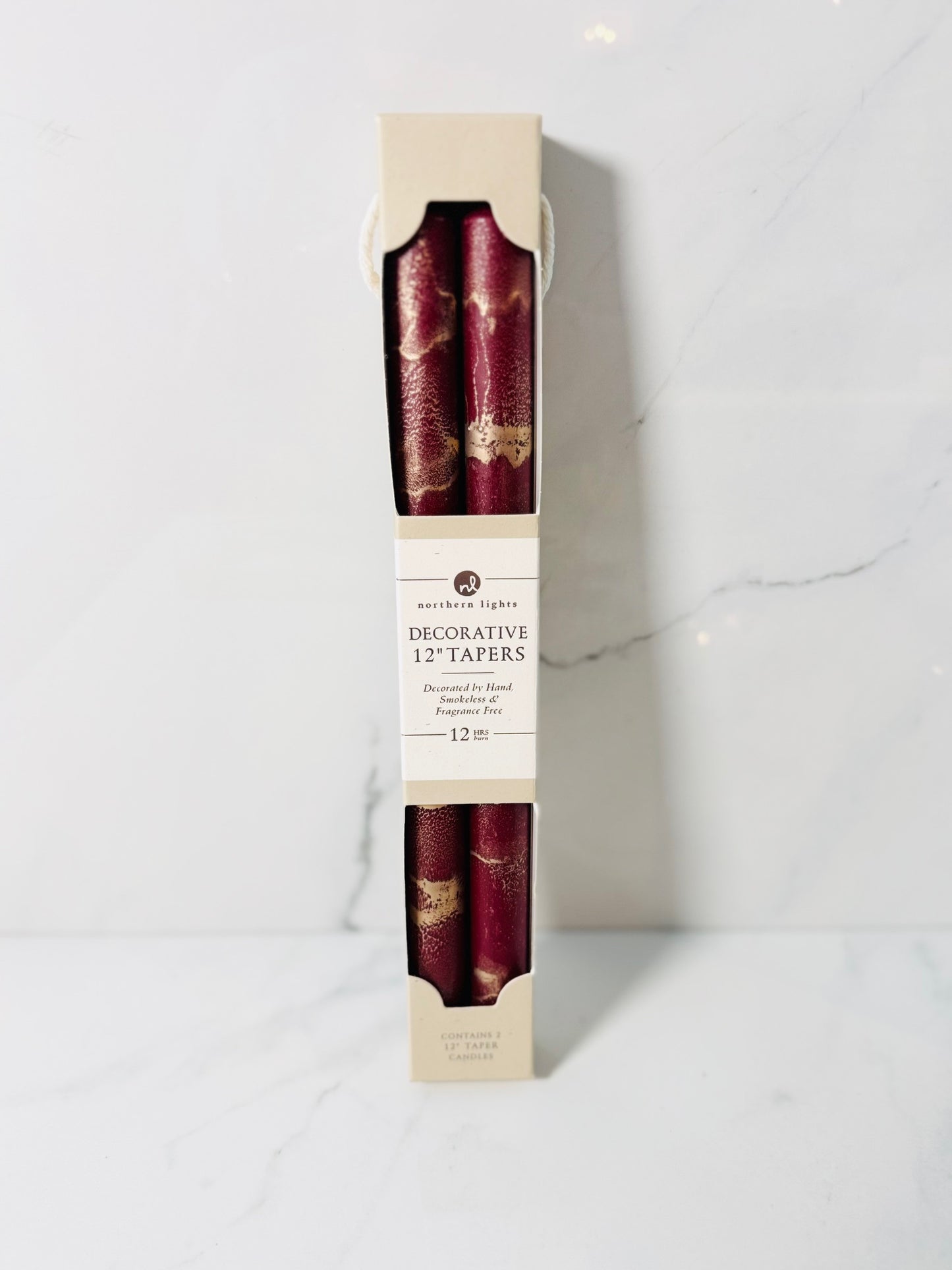 Bordeaux with Gold 12" Taper Candle - Set of 2