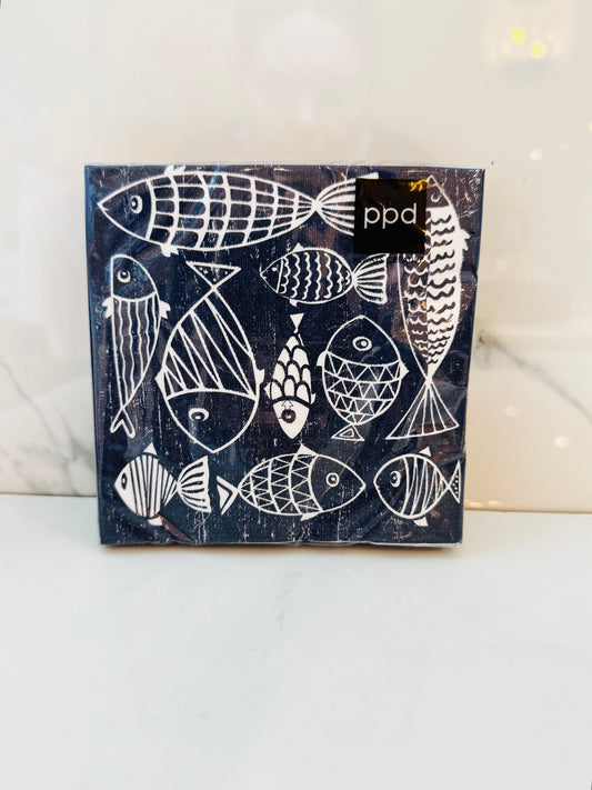 Blue and White Fish Cocktail Napkin