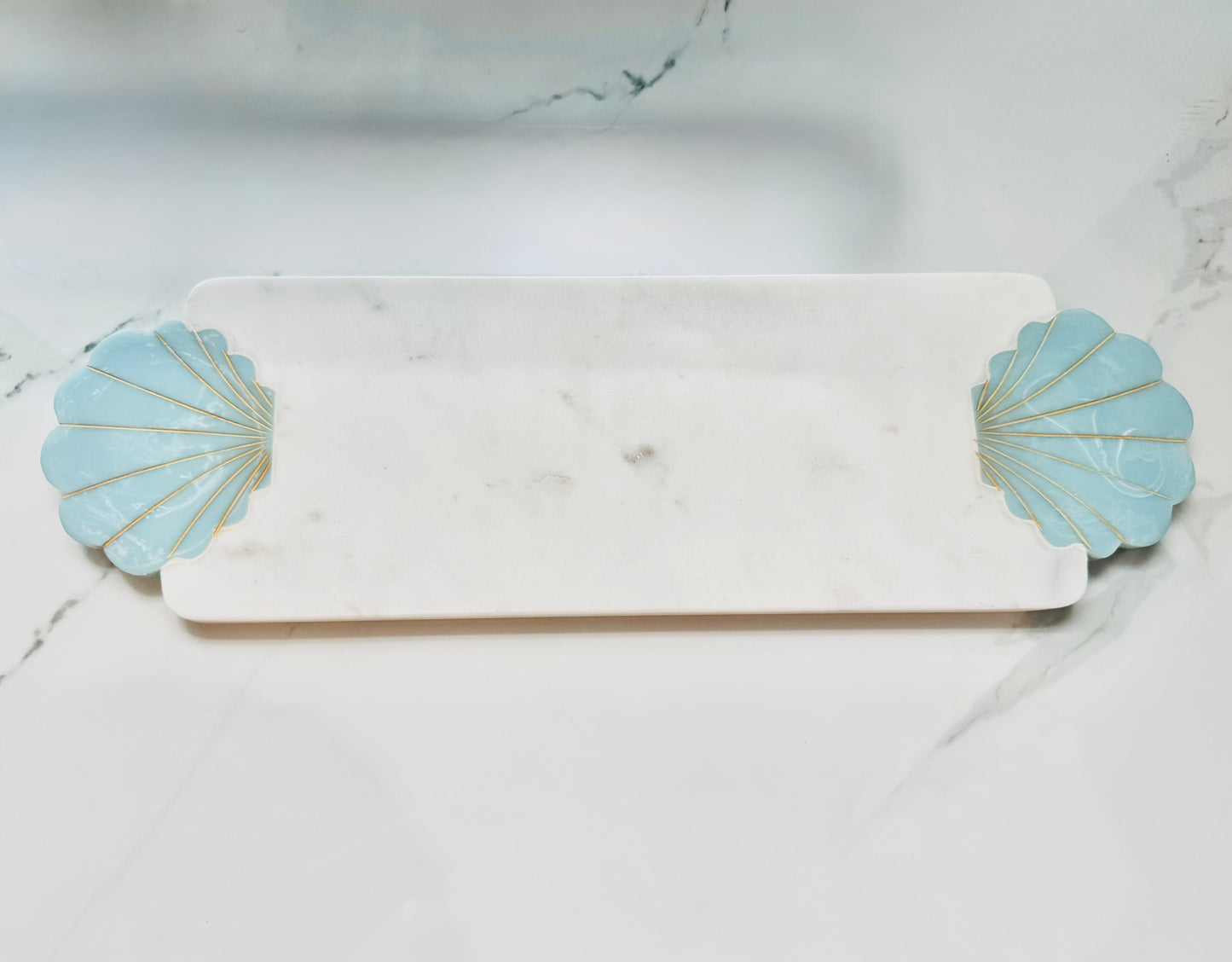 White Marble Serving Board with Blue Shell Handles