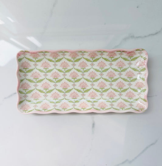 Pink Flower, Green Leaves Trinket Dish