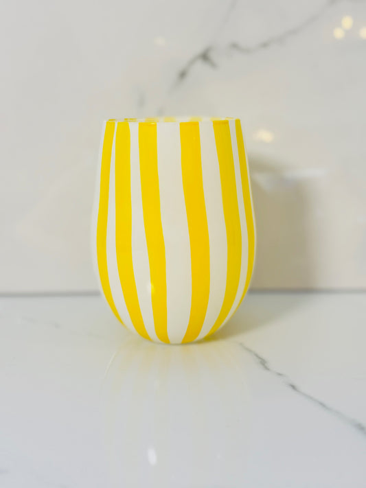 Yellow Stripe Stemless Wine Glass