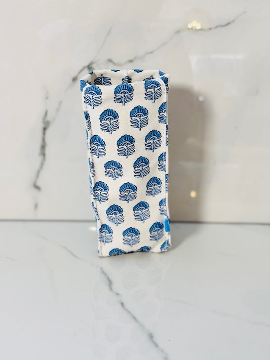 Blue and White Block Print Standing Eyeglass Case - Single Flower