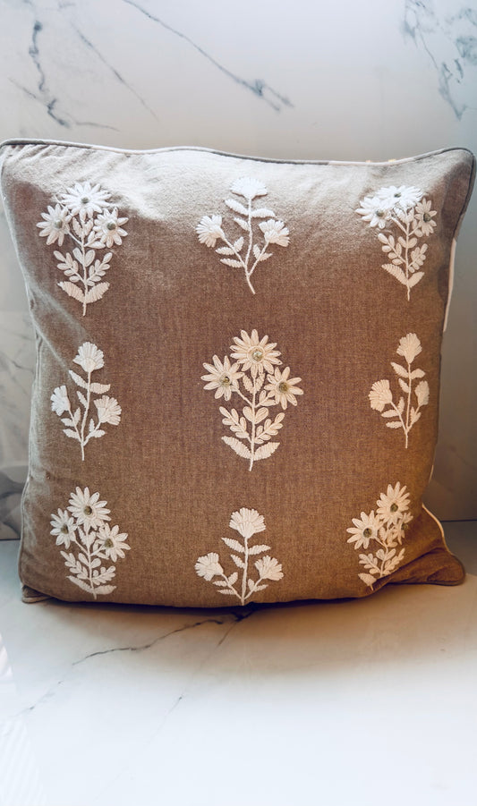 Tan and White Floral Embroidery Pillow
