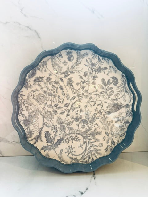 Large Blue and White Scalloped Tray with Handles