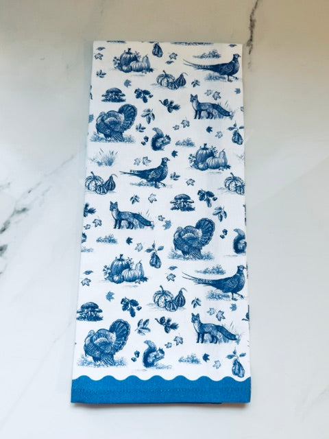 Blue and White Harvest Toile Hand Towel