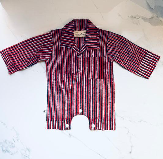 Red and Blue Stripe Long Sleeved Romper - 6 Months