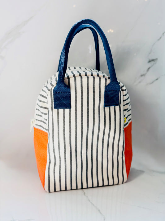 Navy Stripe with Orange Zipper Lunch Bag