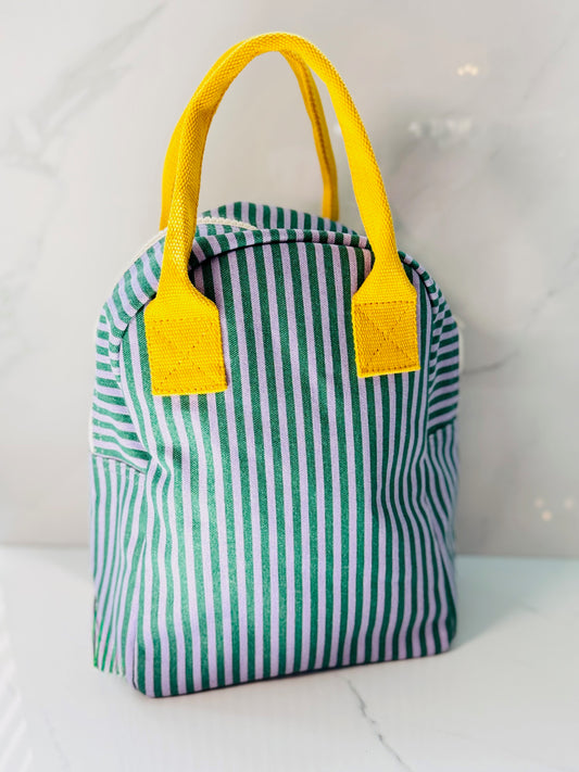 Green and Purple Stripe Zipper Lunch Bag