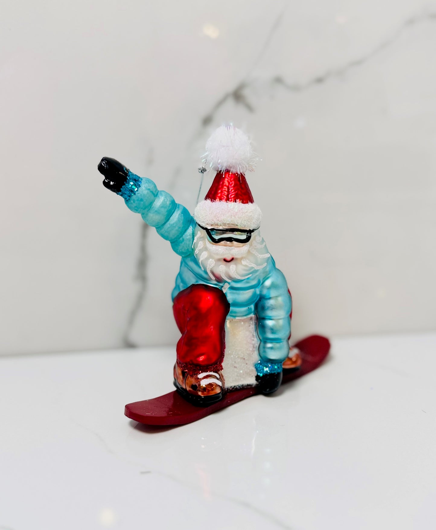 Blue Santa Snowboard Ornament