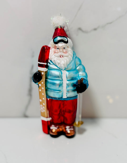 Blue Santa Ski Ornament