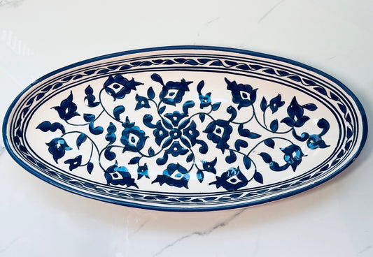 Blue and White Ceramic Floral Oval Plate - Large