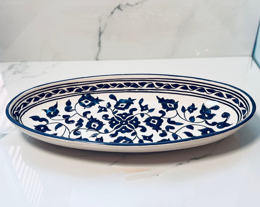 Blue and White Floral Ceramic Oval Plate - Medium