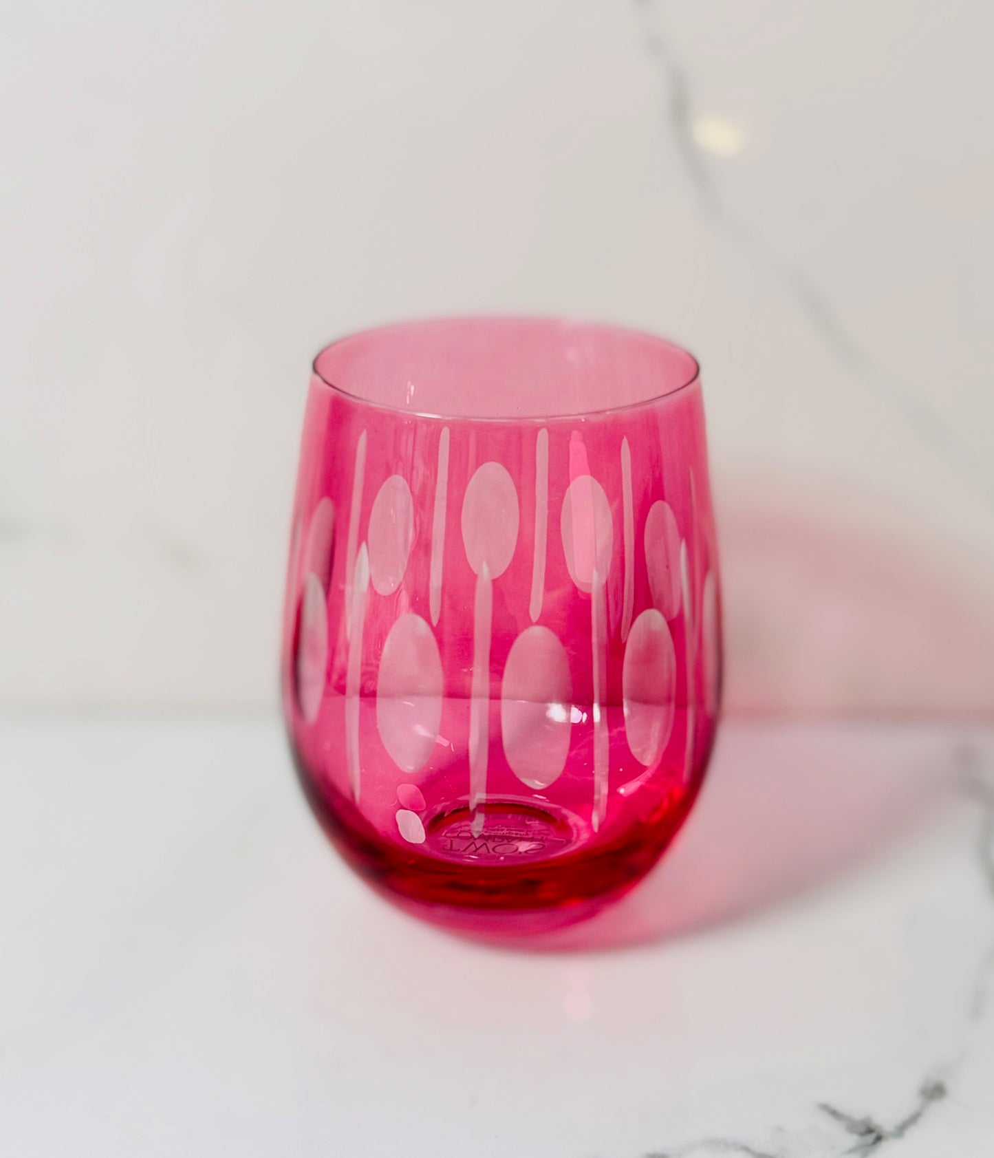 Hand Engraved Pink Stemless Wine Glass