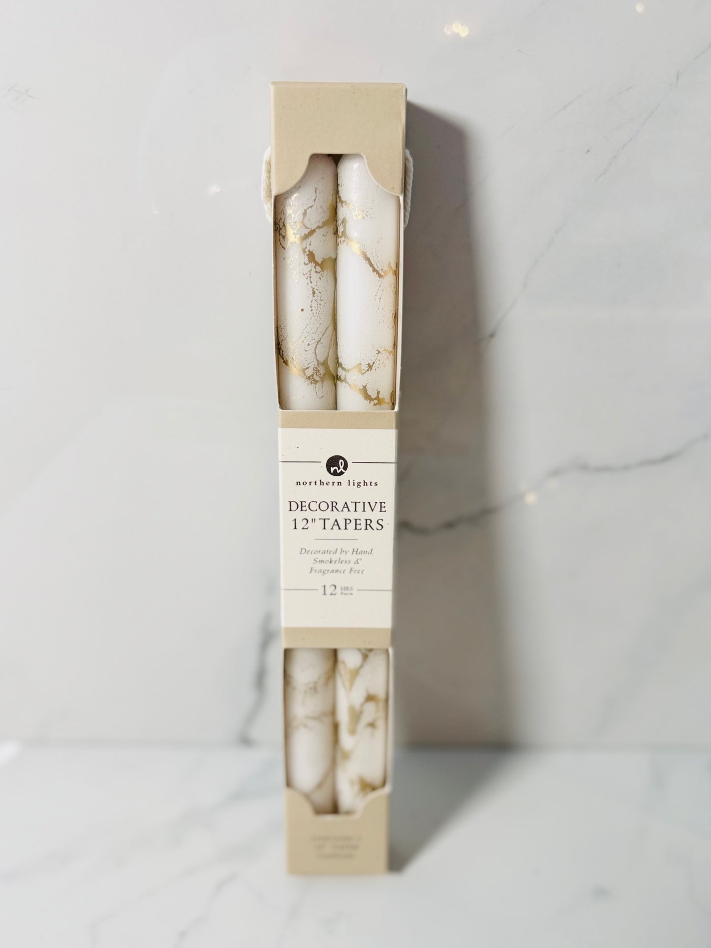 Pure White with Gold 12" Taper Candle - Set of 2