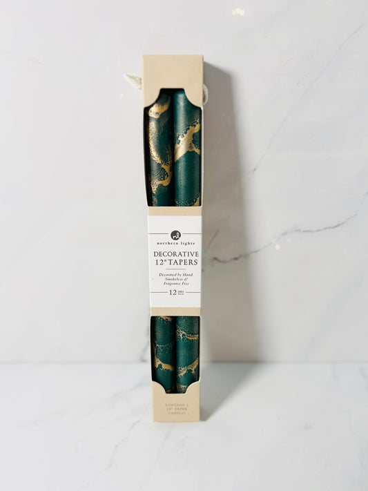 Hunter Green with Gold 12" Taper Candle - Set of 2