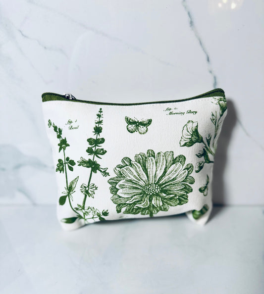 Green and White Morning Glory Zip Pouch - Large