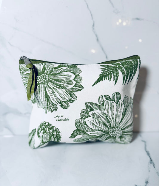 Green and White Morning Glory Zip Pouch - Small