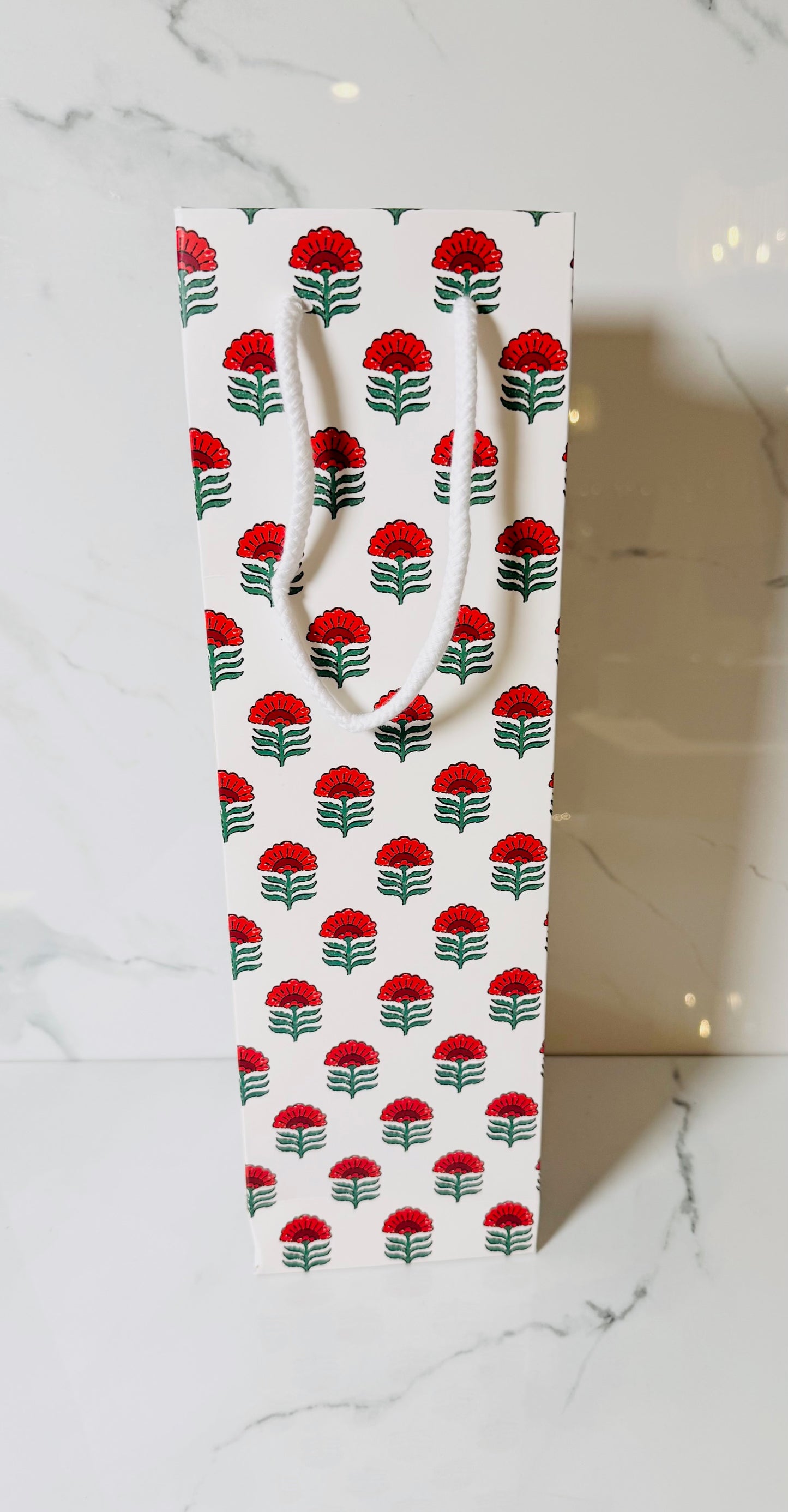 Red and Green Block Print Wine Bag