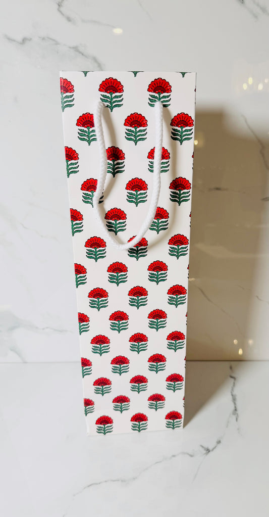 Red and Green Block Print Wine Bag