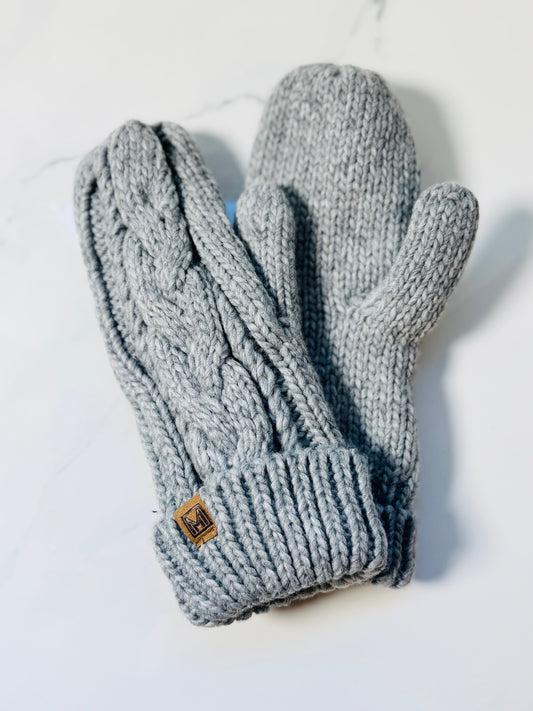 Cable Knit Mittens - Light Grey