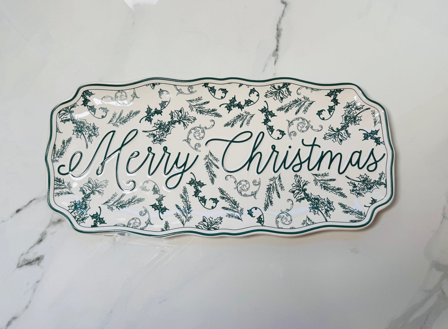 Merry Christmas Green Toile Tray