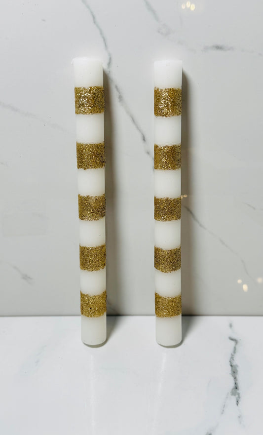 Gold and White Stripe Taper Candle Set