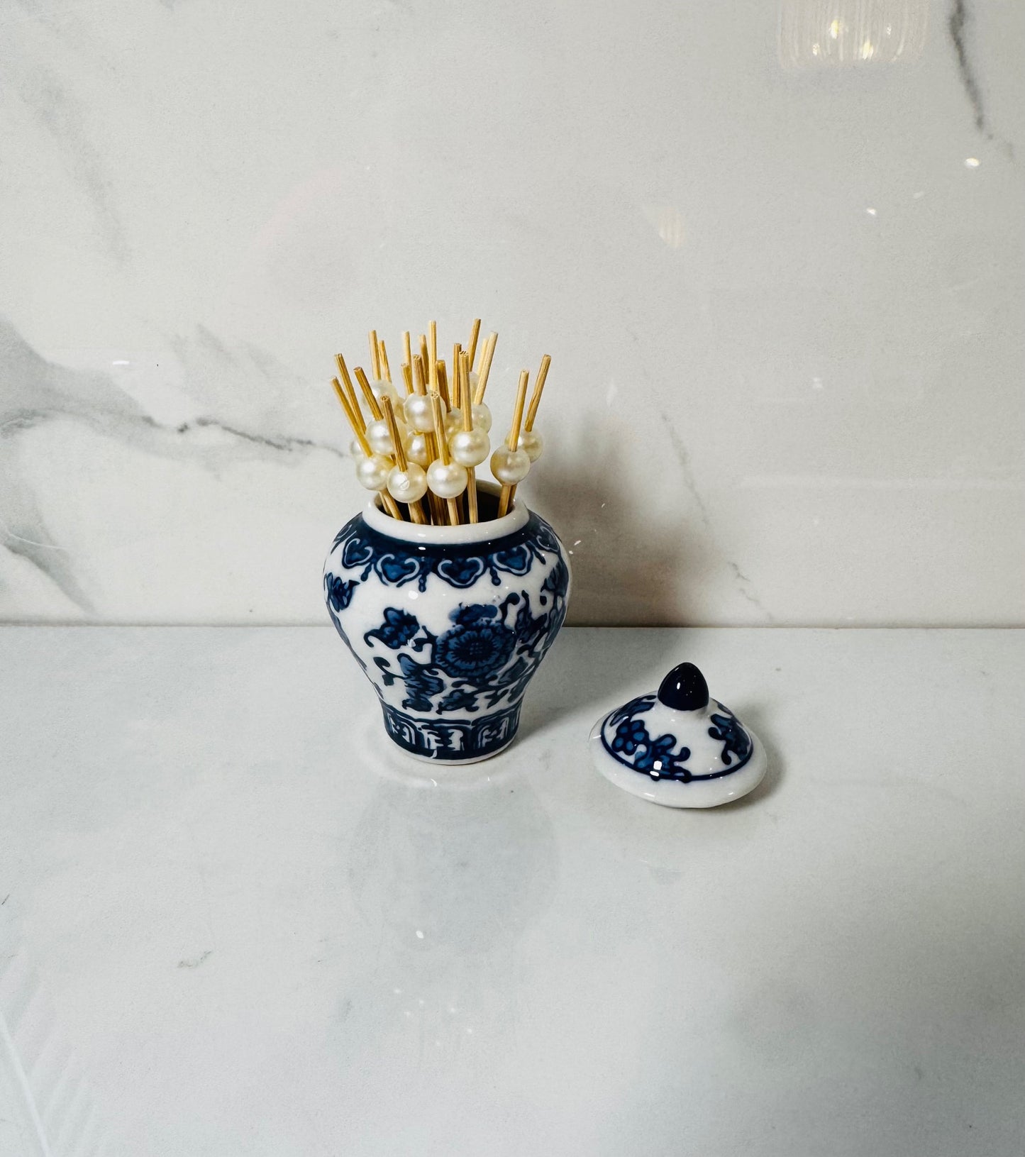 Mini Ginger Jar with Picks - White with Blue Flowers