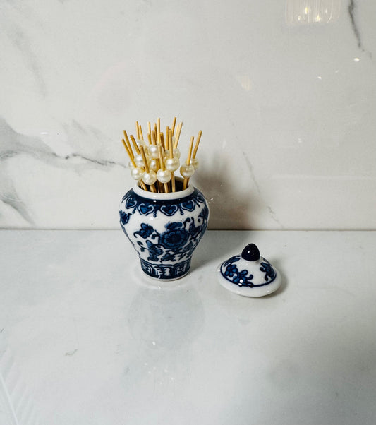 Mini Ginger Jar with Picks - White with Blue Flowers