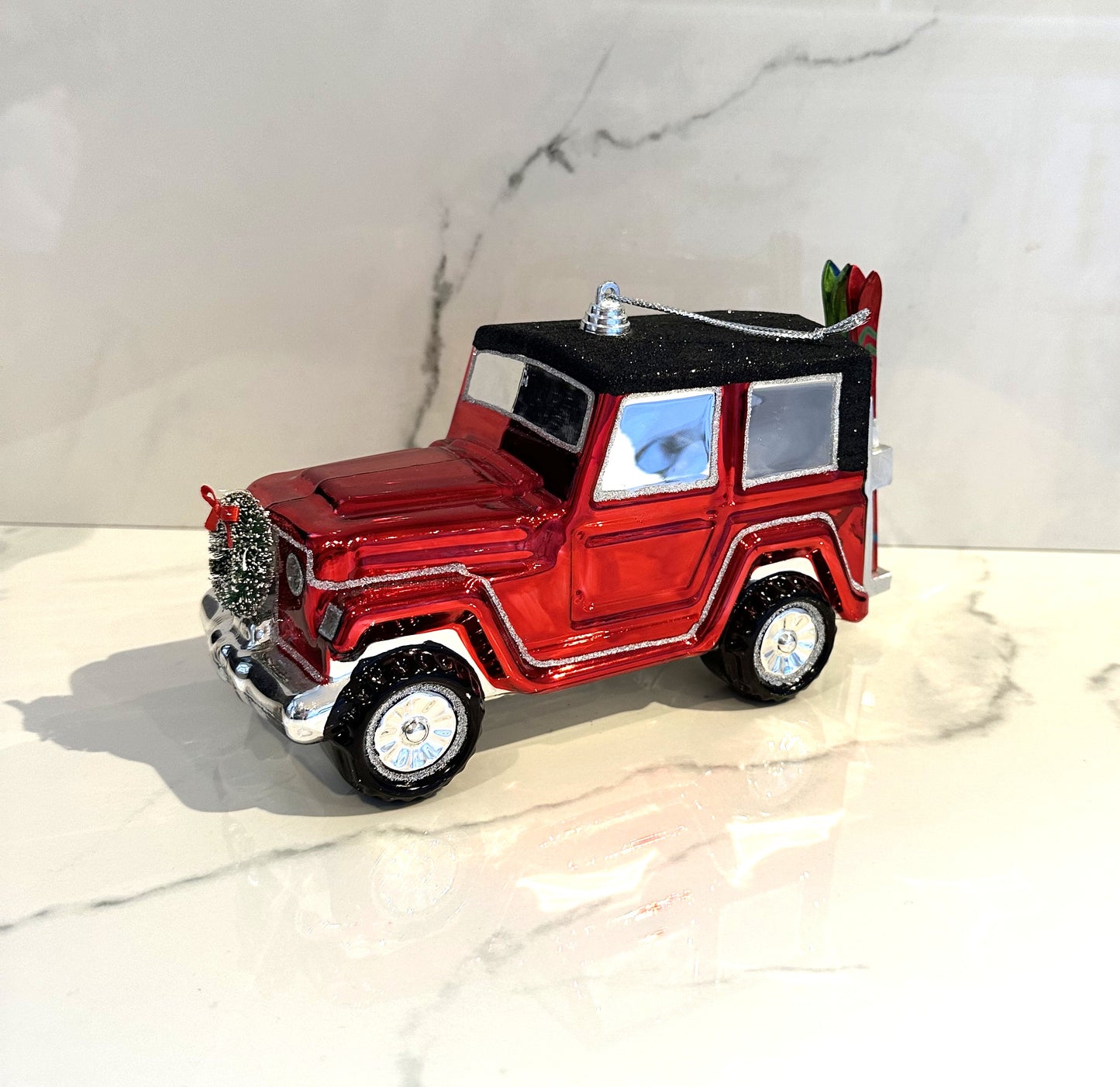 Jeep with Skis Ornament