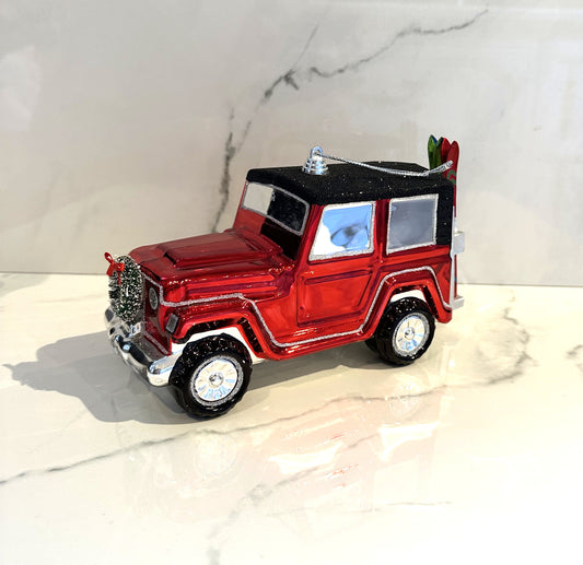 Jeep with Skis Ornament