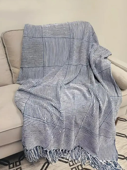 Navy Blue Woven Stripe Throw Blanket