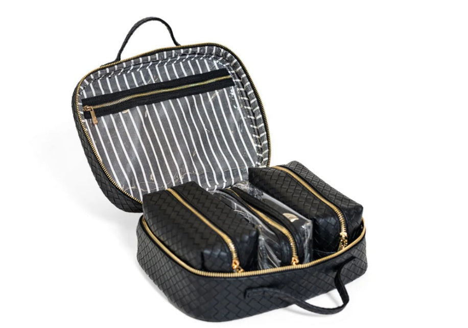 Luxe Woven Black Train Case with Insert Bags