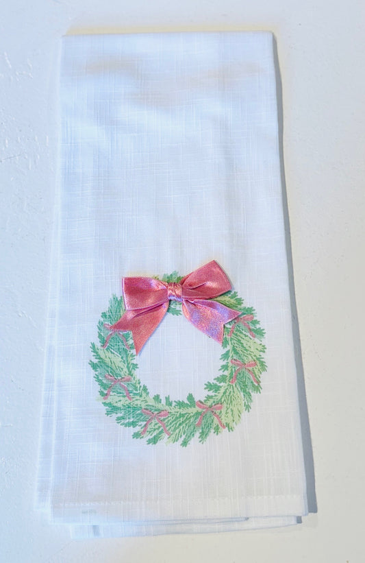 Wreath and Pink Bow Dish Towel